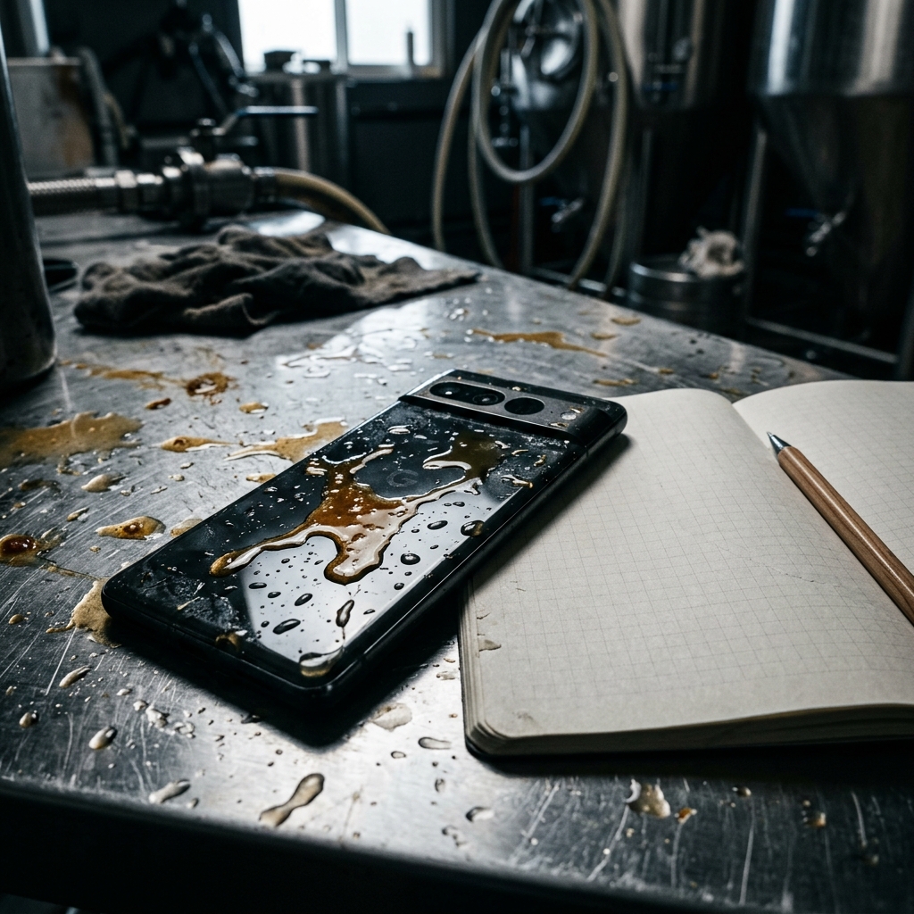 Sticky smartphone on wet stainless steel table